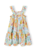 Girls tiered dress with frill, orange and pastel floral pattern, front view.