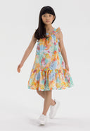Girls tiered dress with frill, colorful floral pattern, front view.