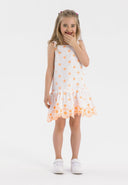 Girls dress with embroidered shoulder straps, white, front view, features pleats and frilled straps.