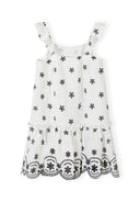 Girls dress with embroidered shoulder straps, cream, front view, frilled straps and pleated skirt.