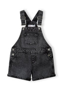 Girls black short jeans dungarees with adjustable braces and front pockets.