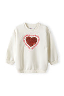 Girls cream fleece crew sweatshirt, front view, features a heart print.
