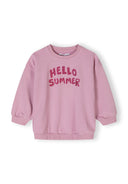 Girls lilac fleece crew neck sweatshirt with 'HELLO SUMMER' print, front view.