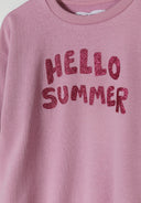 Close-up of a lilac girls fleece crew sweatshirt with 'HELLO SUMMER' glitter print.