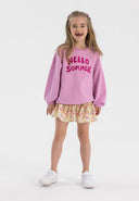 Girls lilac fleece crew neck sweatshirt with 'HELLO SUMMER' print, front view.