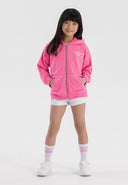 Girls oversized zip through hoodie in pink, front view, features a hood and front pockets.