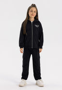 Girls oversized black zip-through hoodie with front pocket and ribbed cuffs.