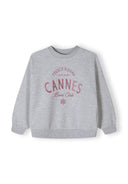 Girls grey fleece crew neck sweatshirt with decorative print, front view.