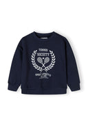 Girls navy fleece crew neck sweatshirt with decorative print and ribbed cuffs.
