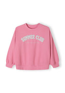 Girls pink fleece crew neck sweatshirt with print, front view, ribbed cuffs and hem.