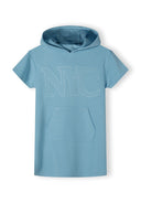 Light blue short sleeve hooded dress with kangaroo pocket and NYC graphic print, front view.