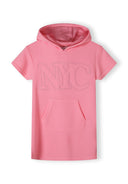 Girls pink fleece hooded dress, short sleeves, kangaroo pocket, front view.