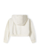 Cropped zip-through hoodie in cream with a hood and ribbed cuffs, back view.