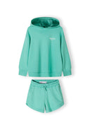 Girls green hoodie and shorts set, front view, features ribbed cuffs and pockets.