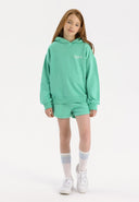 Girls green hoodie and shorts set, front view, features ribbed cuffs and pockets.