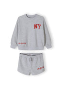 Grey girls crew neck sweatshirt and shorts set with pockets, featuring NY print.