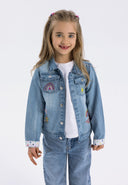 Girls denim jacket in light blue, front view with embroidered details and button fastening.