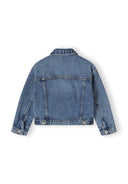 Back view of a girls oversized denim jacket in navy, featuring a classic collar and buttoned cuffs.