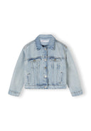 Girls oversized light blue denim jacket, front view with button fastening and chest pockets.