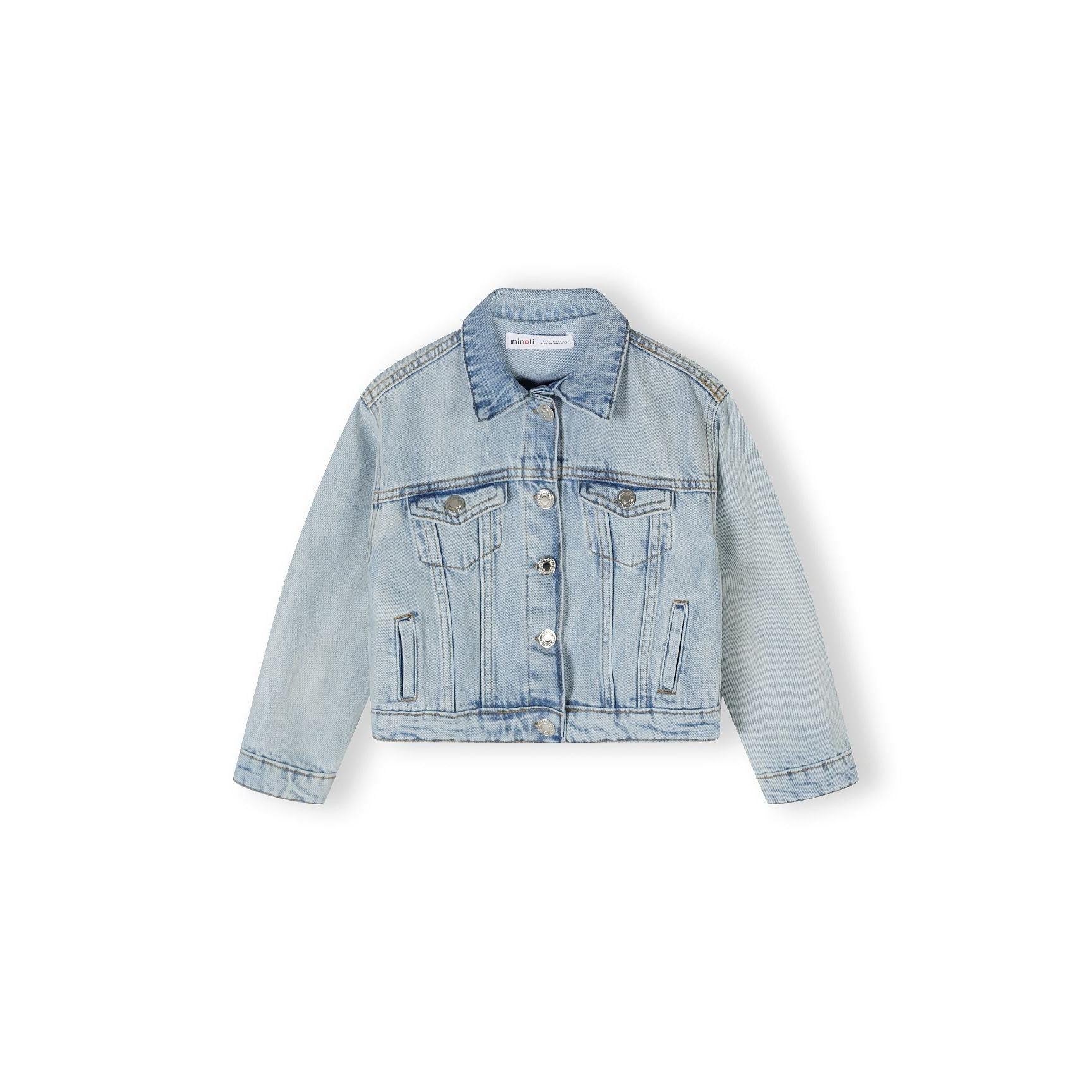 Back view of light blue denim jacket showing classic construction with seam details and adjustable hem tabs on white background