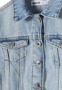 Close-up of a girls oversized light blue denim jacket featuring a traditional collar and button fastening.