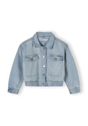 Cropped light blue denim bomber jacket for girls, front view with button fastening and flap pockets.