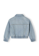 Back view of a girls cropped light blue denim bomber jacket with elasticated hem.