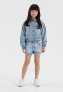 Girls cropped light blue denim bomber jacket, front view with button fastening and flap pockets.