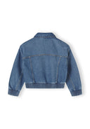 Girls cropped denim bomber jacket, back view with elasticated cuffs.