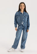 Cropped navy denim bomber jacket for girls, featuring a classic collar and button front, with two flap pockets.