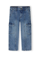 Girls navy denim cargo jeans, front view, featuring multiple pockets and an elasticated waistband.