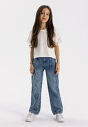 Girls navy denim cargo jeans, front view, featuring multiple pockets and an elasticated waistband.