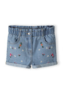 Girls light blue denim shorts with paperbag waist and embroidered details, front view.