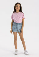 Girls light blue denim shorts with paperbag waist and front pockets, front view.
