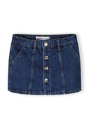 Girls denim skirt in navy, front view with button fastening and front pockets.