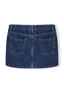 Back view of a girls denim skirt with button fastening and two back pockets.