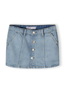 Light blue girls denim skirt, front view with button fastening and front pockets.