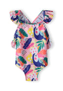 Girls one piece swimsuit, multicoloured, close-up view with ruffled straps and vibrant pattern.