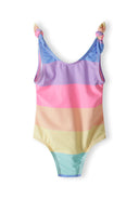 Girls one-piece swimsuit in pastel stripes, front view with knotted straps.