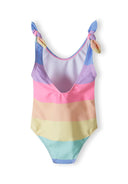 Girls one-piece swimsuit in pastel stripes, back view with knotted straps.