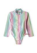 Girls long sleeve rash bodysuit front zip in light pink with a low collar.