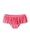 Girls pink bikini bottoms with ruffle detail, front view.