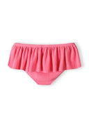 Girls pink bikini bottom with ruffle detail, front view.