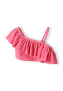 Girls pink bikini top with ruffle detail, side view.