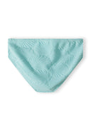 Detail of a mint girls' bikini bottom with textured leaf pattern.