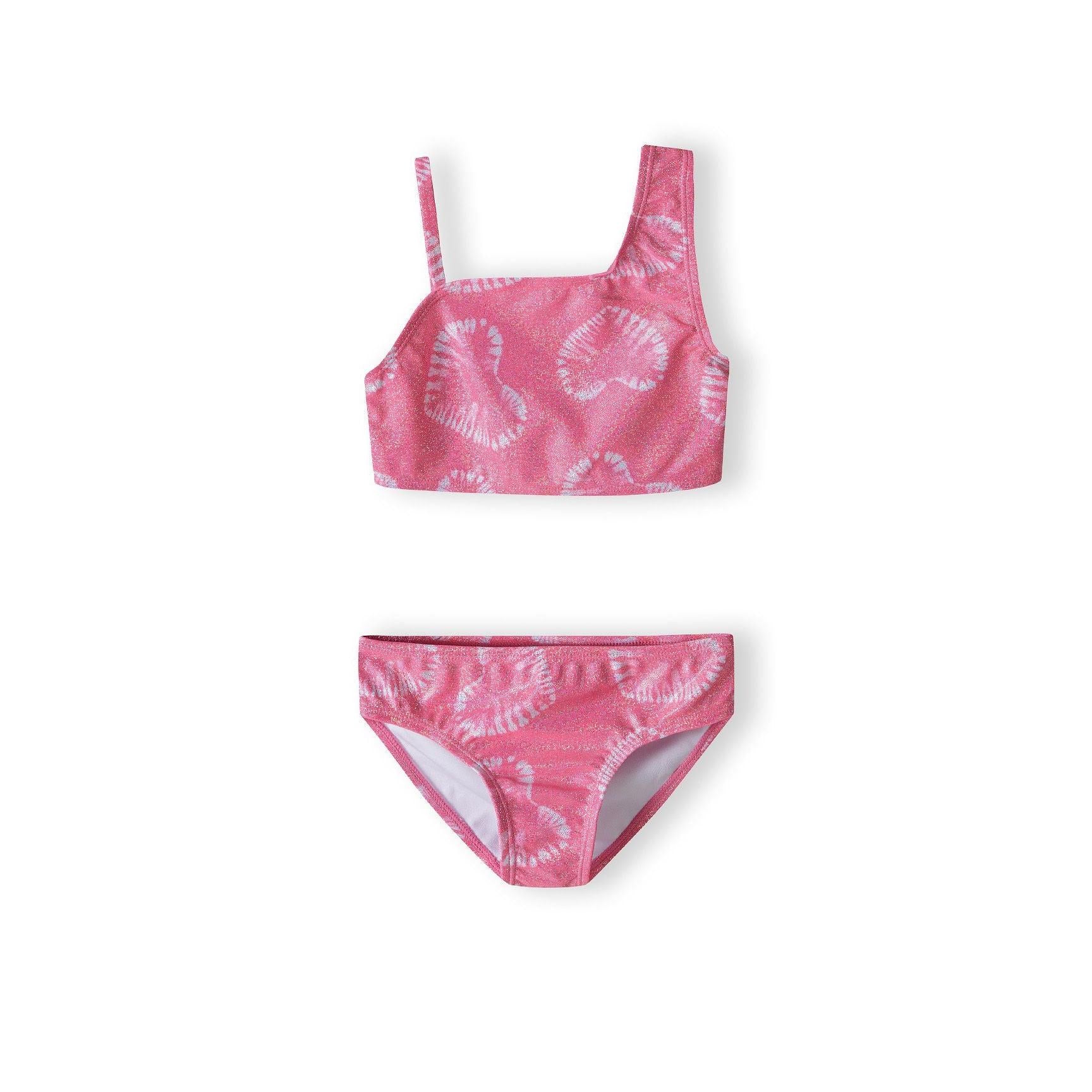Pink bikini set with shell print pattern showing crop top and briefs on white background