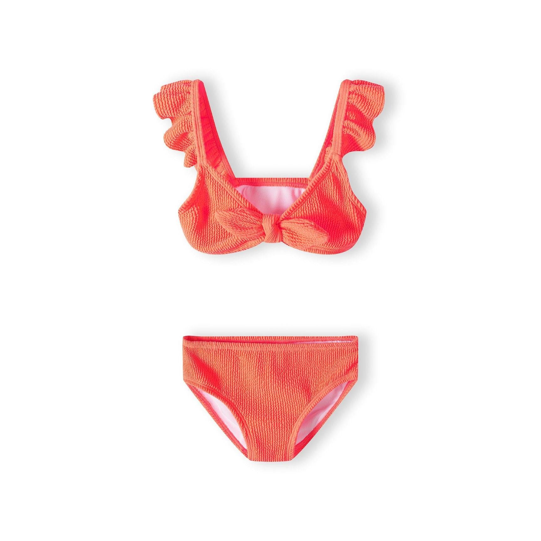 Orange quick-dry bikini set with ruffle shoulder straps displayed flat on white background showing both bikini top and bottom pieces
