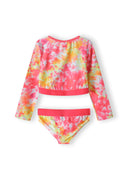 Girls long sleeve tie-dye swim set in coral, back view with top and briefs.