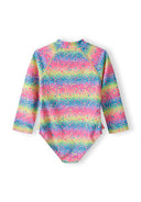 Girls long sleeve rash bodysuit, multicoloured, back view with low collar and front zipper.