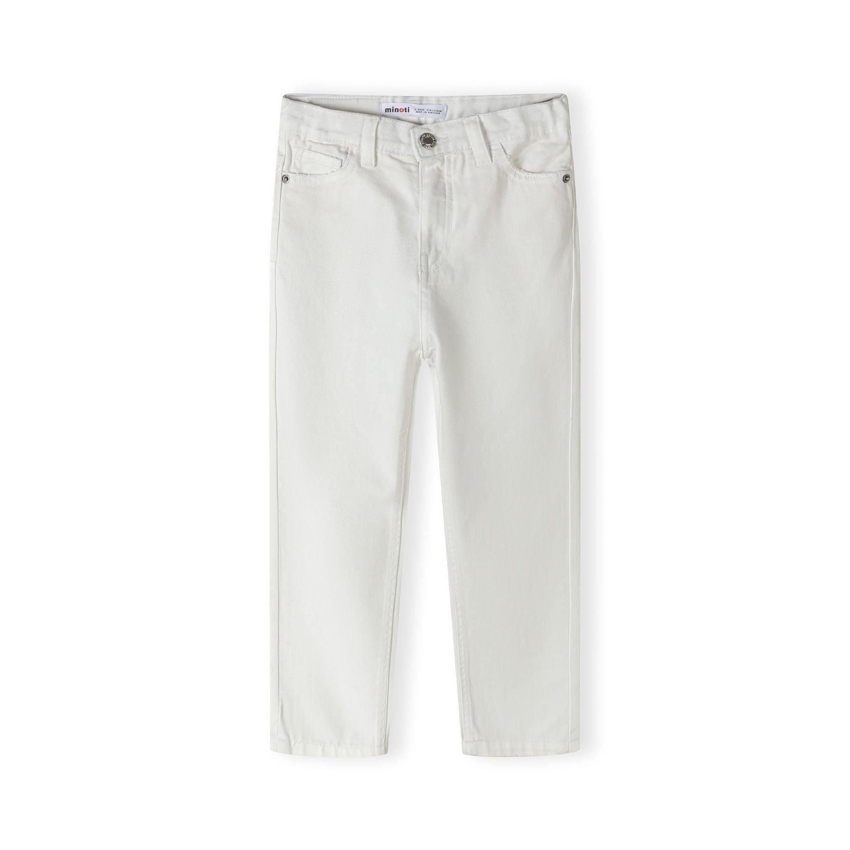Back view of white twill trousers showing five-pocket design and beige leather label patch